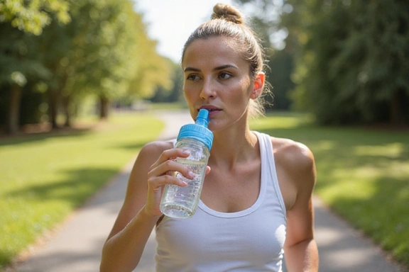 Persona bebiendo agua de una botella reutilizable durante un ejercicio, simbolizando hidratación y deporte.