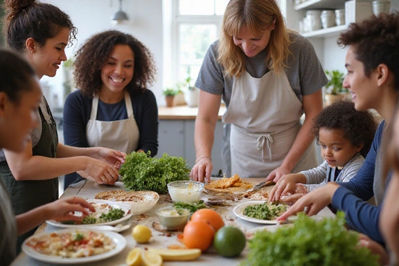 Grupo de personas participando activamente en un taller de cocina saludable, con un chef o nutricionista guiándolos.