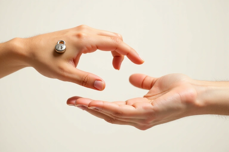 Dos manos unidas, una con un candado simbolizando privacidad y la otra con un signo de compartir, representando el consentimiento informado para compartir datos.